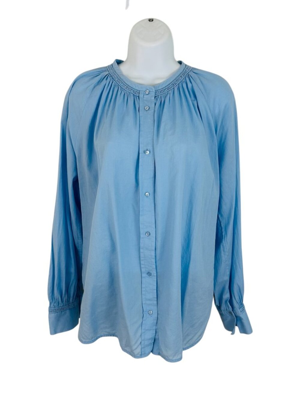 Vince Women's Size L Lightweight Smocked Neckline Light Blue Shirt
